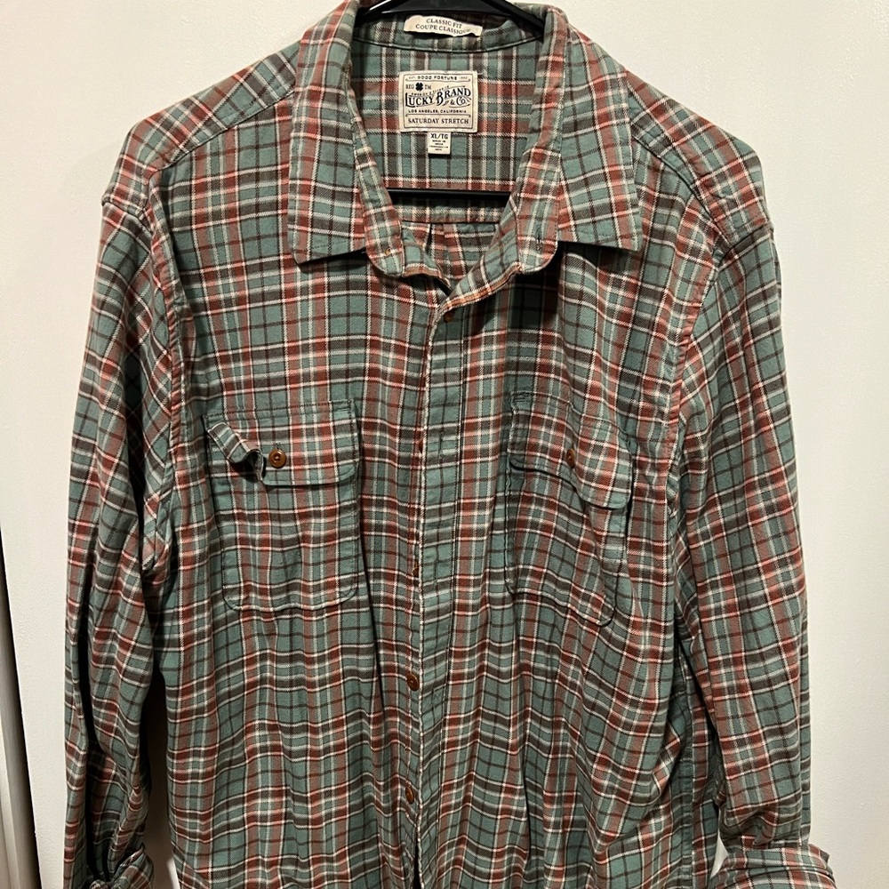 Lucky Brand Plaid Flannel Shirt Green Red Brown